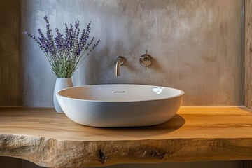 
A contemporary bathroom featuring a single white vessel sink on a floating walnut vanity.