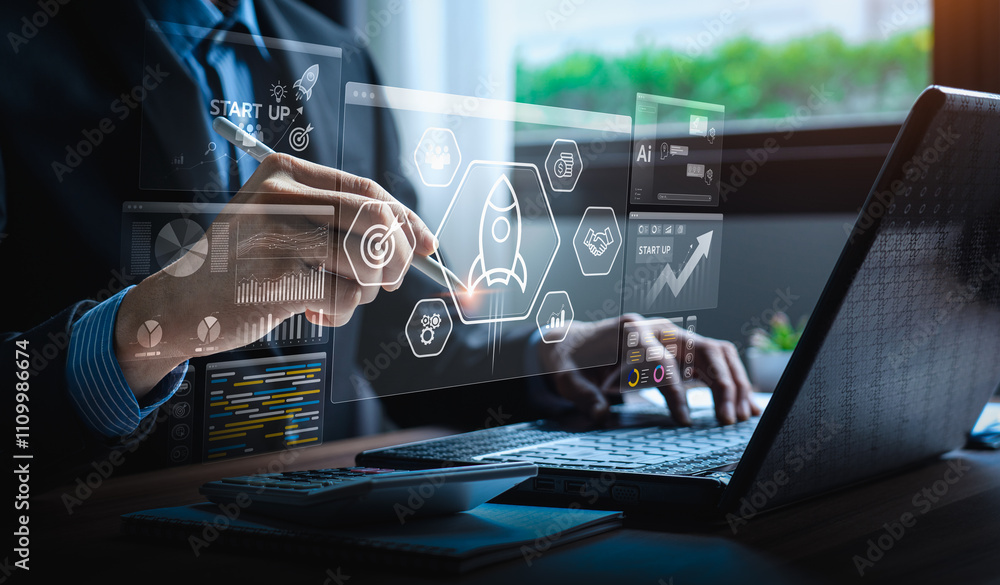 Poster business professional interacting with futuristic digital interface displaying startup analytics, ma
