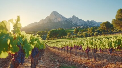 Naklejka premium Rows of grapevines in a vineyard at sunset with a mountain range in the background.