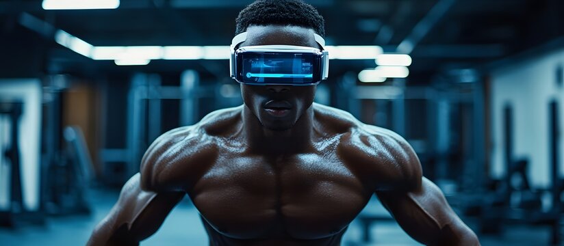 Muscular man in VR headset at gym.