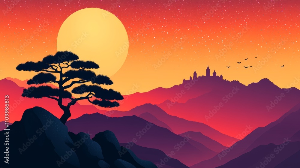 Poster silhouette of a lone tree on a mountain peak with a castle in the distance and a large moon in the s