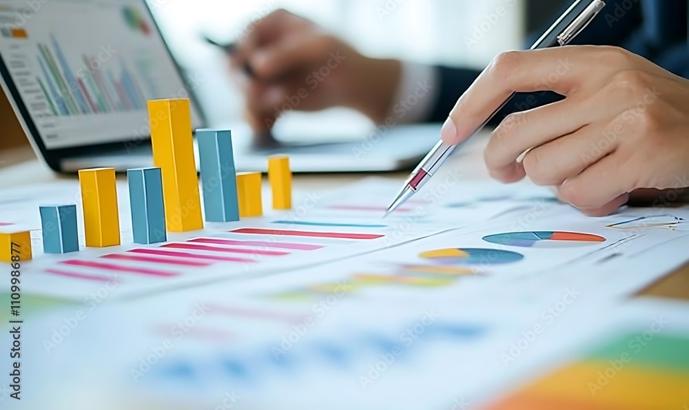 Poster businessperson analyzing colorful charts and graphs on documents with a pen.