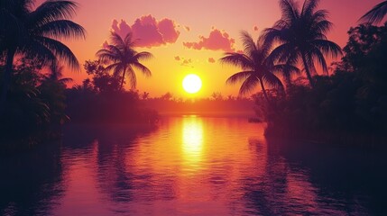 Silhouettes of palm trees on a tropical island at sunset, with a river in the foreground.