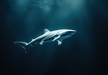 Fototapeta premium Majestic Shark Gliding Gracefully Through the Deep Blue Ocean Water Captured in Stunning Detail with Soft Light and Ethereal Atmosphere