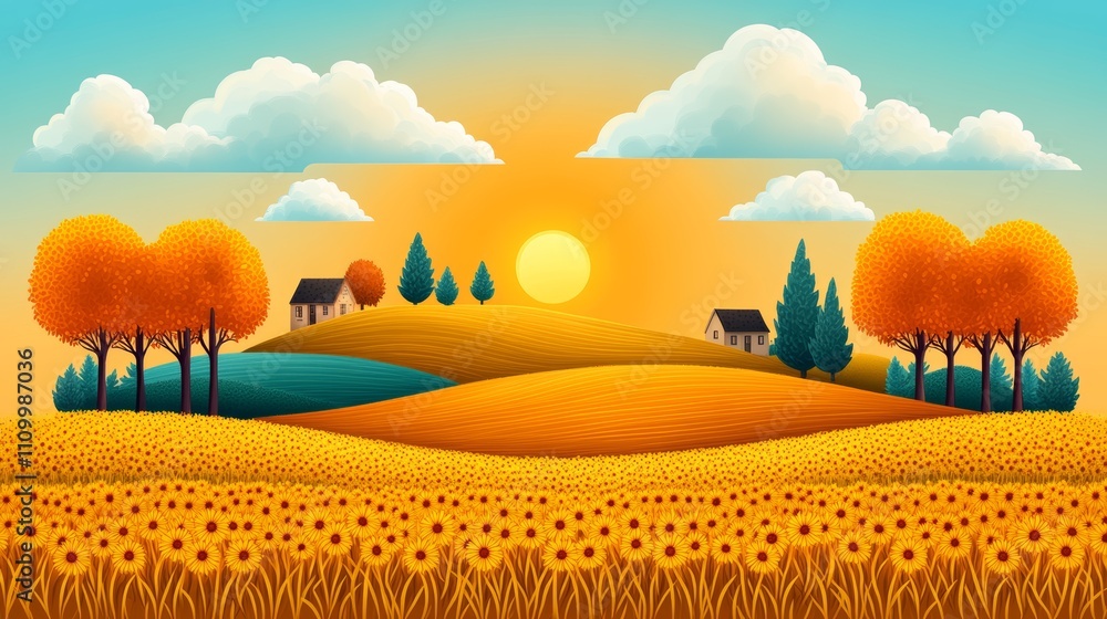 Poster sun setting over rolling hills with golden fields and autumn trees.