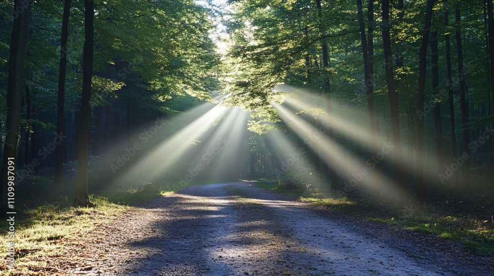 Poster sunbeams shine through a canopy of trees in a forest, illuminating a path leading into the woods.