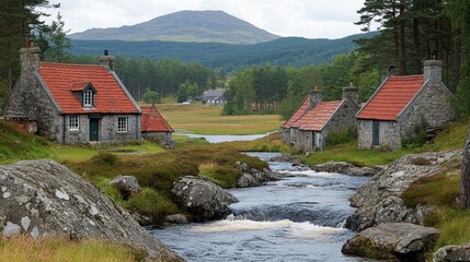 Stone cottages with red tile roofs sit beside a rushing stream and a lush green valley in a mountainous region.