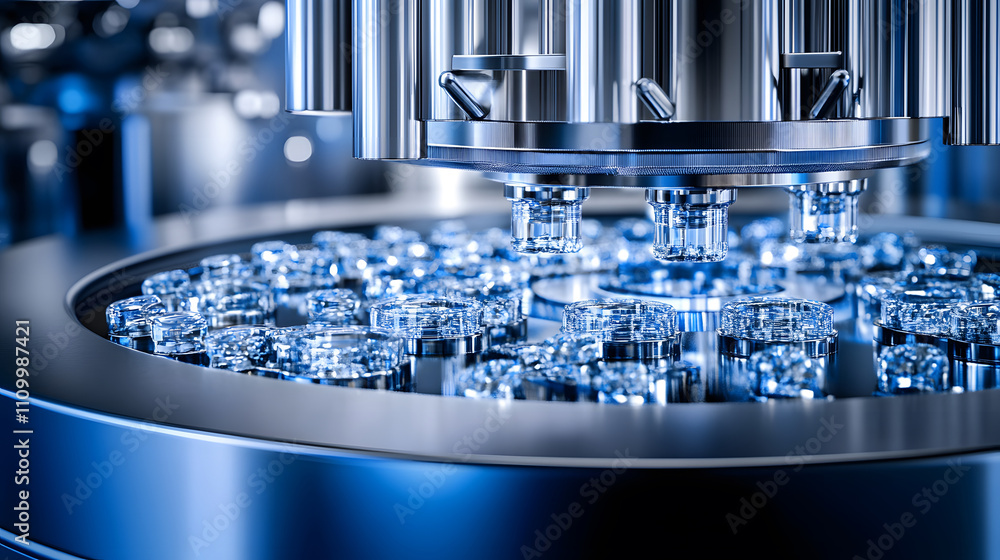 Poster A close-up view of advanced machinery featuring intricate components and a blue color palette, showcasing precision engineering in action