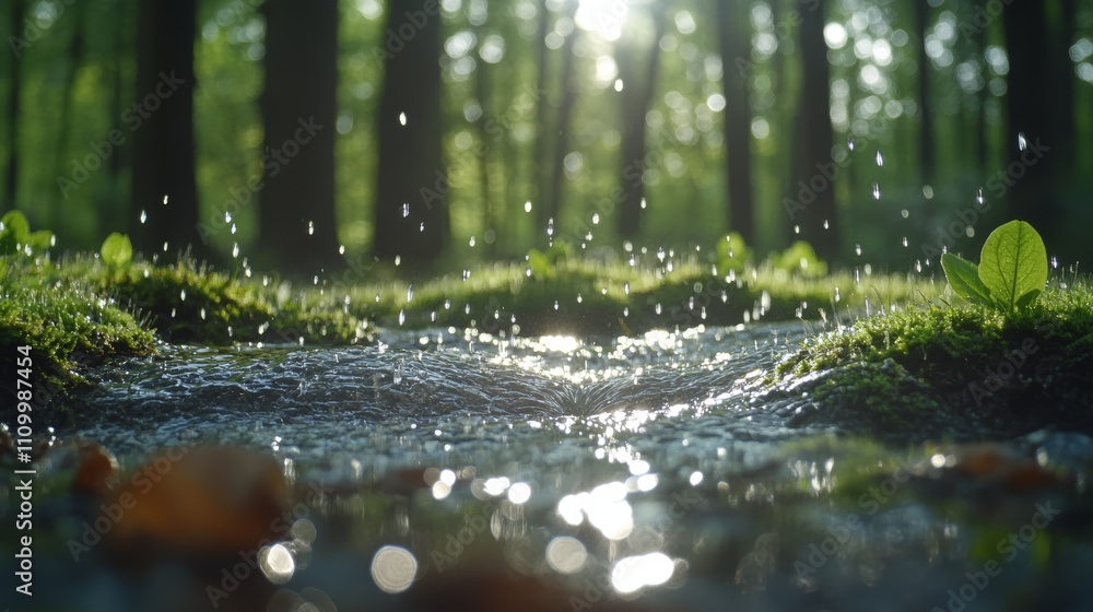 Poster sunlight streams through a forest canopy, illuminating a small stream of water flowing through moss 