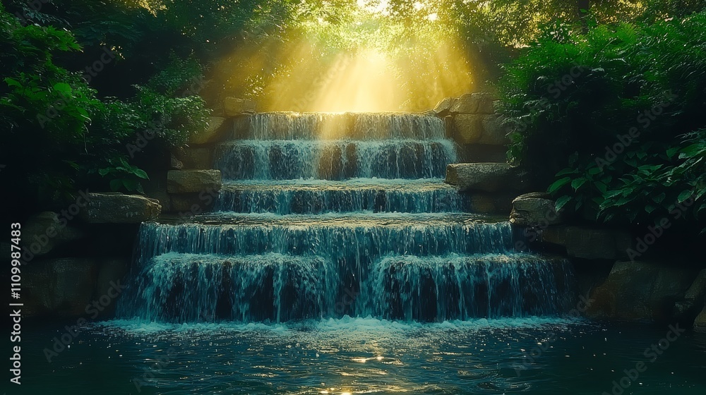 Aufkleber sunlight streams through the trees illuminating a cascading waterfall.