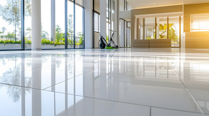Fototapeta premium A bright, modern interior space featuring shiny tile flooring and large windows, with sunlight streaming in, creating a welcoming atmosphere
