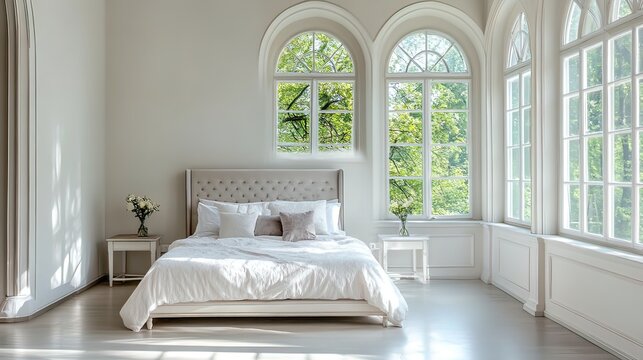 Luxurious bedroom with large windows, sunlight streaming in, showcasing a king-size bed with white linens and beige headboard. - Powered by Adobe