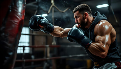 Focused Boxer Training in a Gym, Throwing Punches with Power and Precision