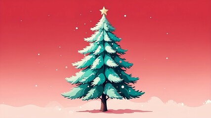 Christmas fir tree isolated on a red background with space for text. Digital painting style