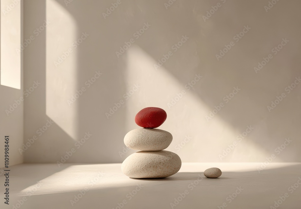 Aufkleber minimalist composition of stacked pebbles with red rock accent in soft natural light creating a sere