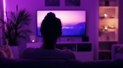 Naklejka premium Man Silhouette Watching TV at Dusk in Purple Toned Living Room