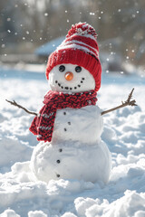 Fototapeta premium Cheerful snowman wearing a knitted hat and scarf on a snowy winter background