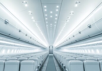 Fototapeta premium Modern Airplane Interior with Soft Lighting and Empty Seats, Showcasing Spaciousness and Clean Design for Travel and Aviation Themes