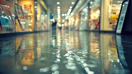Obraz premium Wet floor in a shopping mall with blurry people in the background.