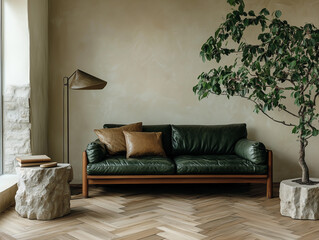 A minimal living room with a dark green couch, light wood parquet flooring, and a bamboo coffee table.