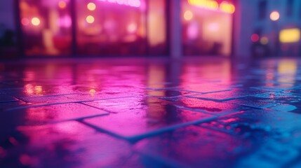 Naklejka premium Wet pavement reflecting neon lights from a city street at night.