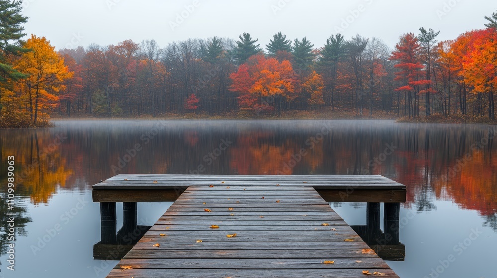 Poster wooden dock extending into a misty lake with colorful fall foliage in the background.