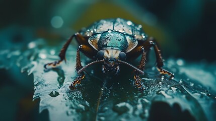 Fototapeta premium Darkling Beetle On Dew Covered Leaf