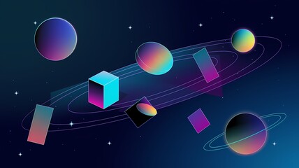 Y3K-Inspired Geometric Planetary System with Pulsing Neon Gradients in Deep Space

