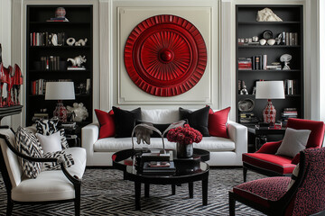 Living room with asymmetrical furniture placement, a wall-mounted bookcase, and bold red and black decor accents for a dramatic flair.