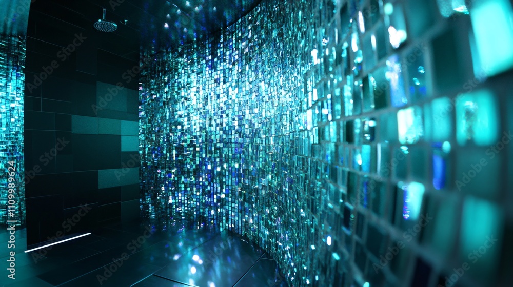 Poster a futuristic, illuminated space with shimmering reflective surfaces creating a mesmerizing effect.