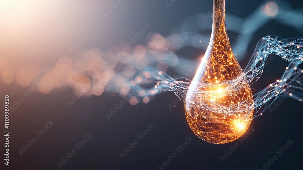 Poster sparkling golden liquid drop with glowing particles and light trails in abstract background