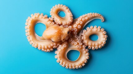 Close-up of a small, pale octopus on blue. Perfect for seafood, culinary, or ocean themes; evokes curiosity and freshness.