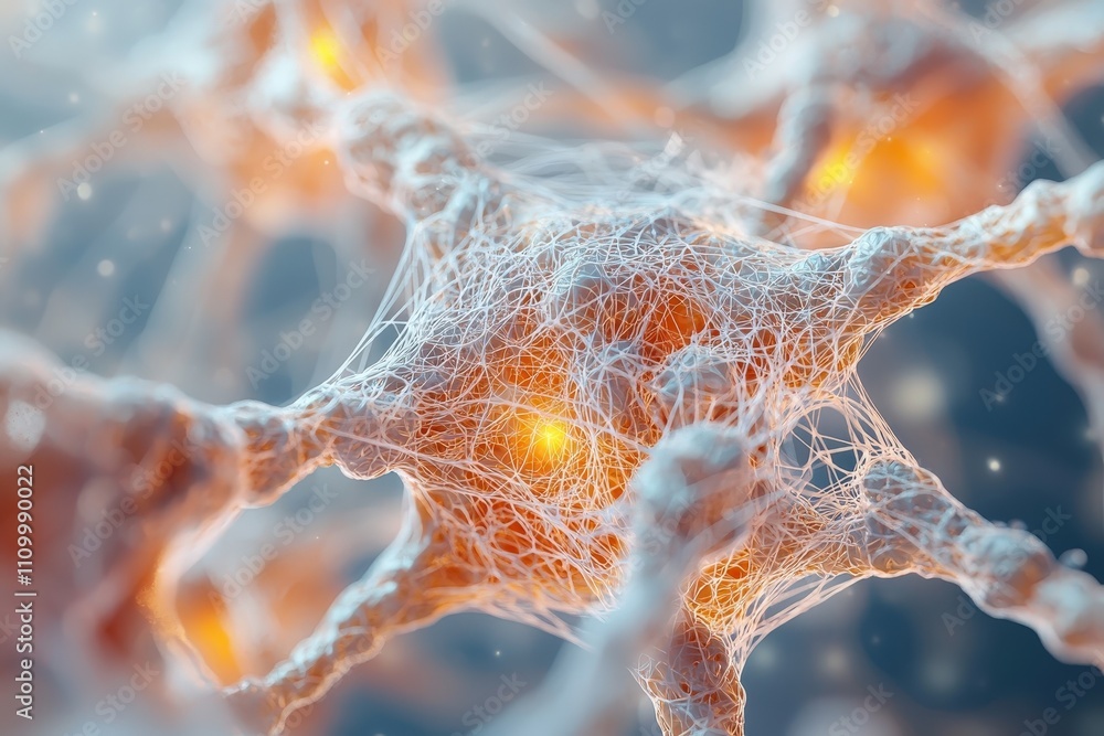 Poster intricate neuron structure with luminous connections and soft light background for neural research