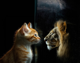 A kitten stares into a vintage mirror, its lion reflection representing transformation, confidence, and hidden majesty.