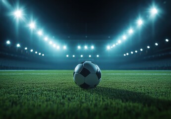 Nighttime Soccer Field with a Single Soccer Ball in Focus and Bright Stadium Lights Illuminating the Grass Surface for an Atmosphere of Excitement and Anticipation