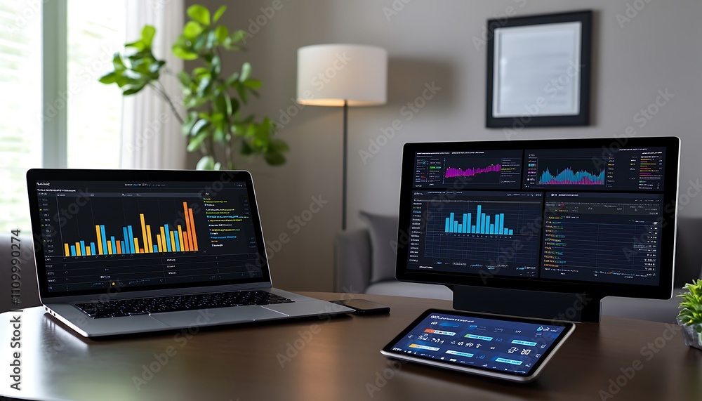 Poster a workspace featuring multiple screens displaying data analytics and charts.