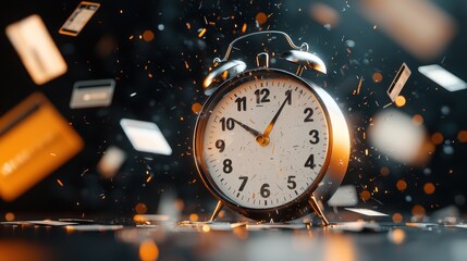 Alarm Clock Surrounded by Floating Credit Cards in a Dynamic Financial Conceptual Scene