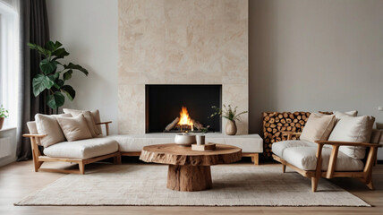 A minimalist sofa, wooden table, and abstract artwork on the wall create a modern, calming atmosphere, perfect for any contemporary home.

