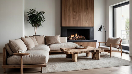 A comfortable sofa, elegant wooden table, and a wood-paneled fireplace wall combine for a harmonious and warm living space.