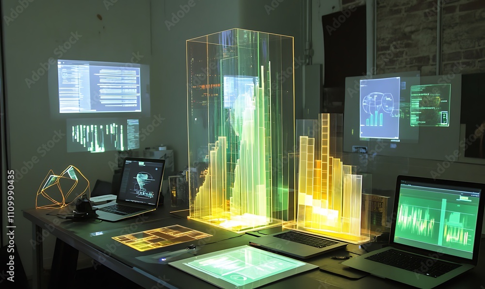 Poster a modern workspace featuring holographic data visualizations and digital devices.
