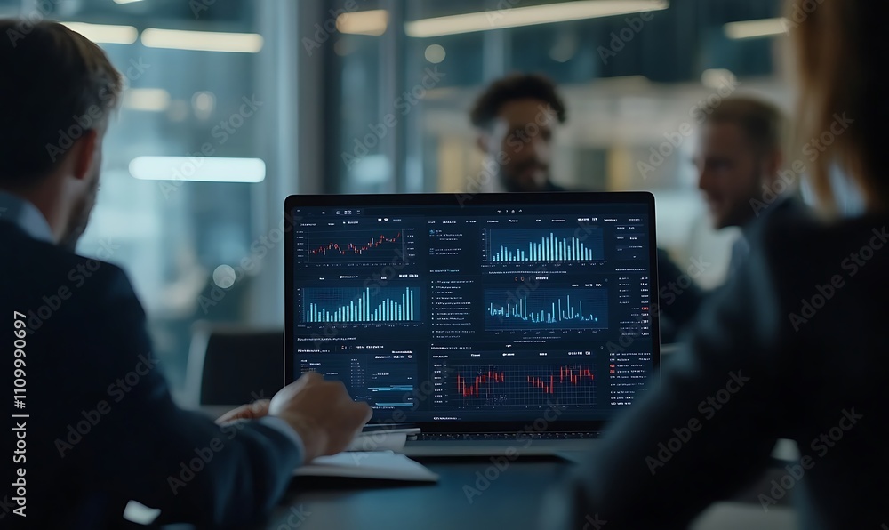 Poster a business meeting with a focus on data analysis displayed on a laptop screen.