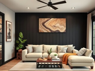 country style home interior design of modern living room. Modern rustic lounge with earthy tones, grey sofa, and wooden textures, creating a cozy, inviting space.
