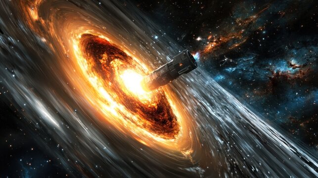 Spaceship entering a fiery cosmic swirl, galaxy, nebula.