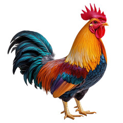 A vibrant and colorful rooster standing proudly, showcasing its striking feathers and alert posture in a rustic farm setting.