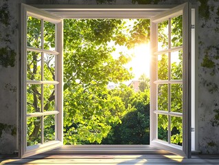 A glass window frame with two doors opening outward reveals the shining sun and green trees outside capturing a summer style