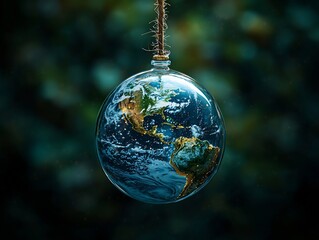 Encased Earth Floating in Crystal Globe Symbolic of Planet s Fragility in the Universe