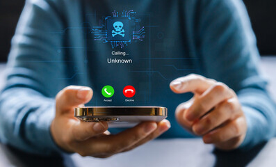 Phone scam alert with hacker and scammer calling unknown number, cybercrime, data theft, phishing attempt, fraud alert, digital security threat, cyber attack warning technology and crime concept