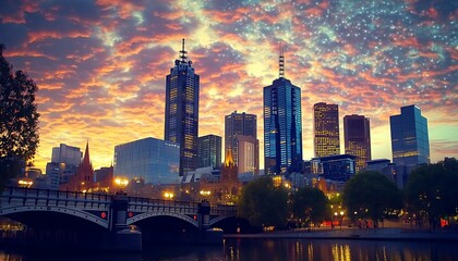 Obraz premium A vibrant city skyline at sunset, reflecting on water with colorful clouds above.