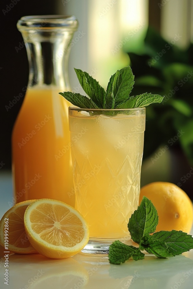 Poster refreshing lemonade with mint garnish served in a glass with lemon slices and a bottle of juice in t