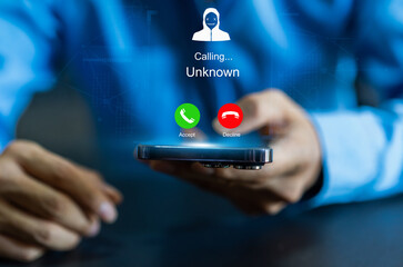 Phone scam alert with hacker and scammer calling unknown number, cybercrime, data theft, phishing...
